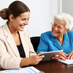 **

Elderly woman smiling, sitting at a desk with a younger Local Administration Agent. The agent is helping her fill out forms on a tablet. Bright, friendly office setting. Focus on connection and assistance.

**