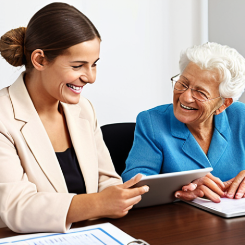 Home 4 **
Elderly woman smiling, sitting at a desk with a younger Local Administration Agent. The agent is helping her fill out forms on a tablet. Bright, friendly office setting. Focus on connection and assistance.
**