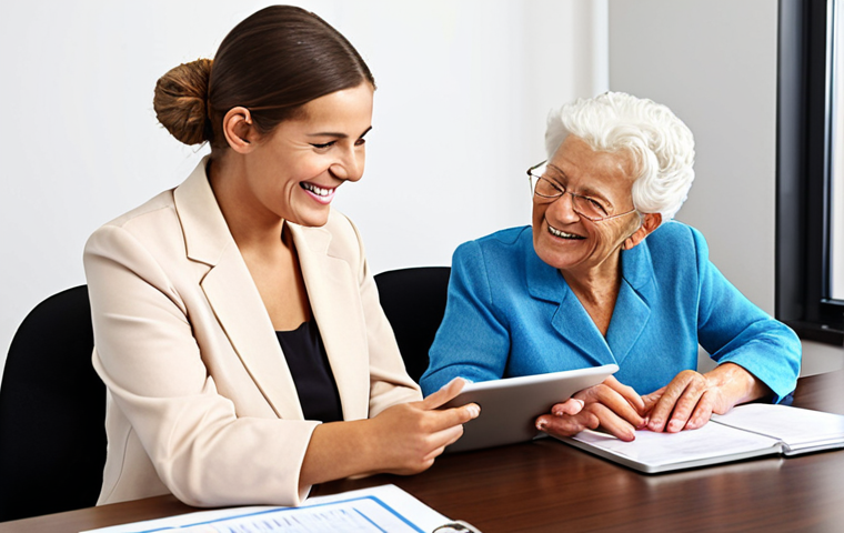 **

Elderly woman smiling, sitting at a desk with a younger Local Administration Agent. The agent is helping her fill out forms on a tablet. Bright, friendly office setting. Focus on connection and assistance.

**